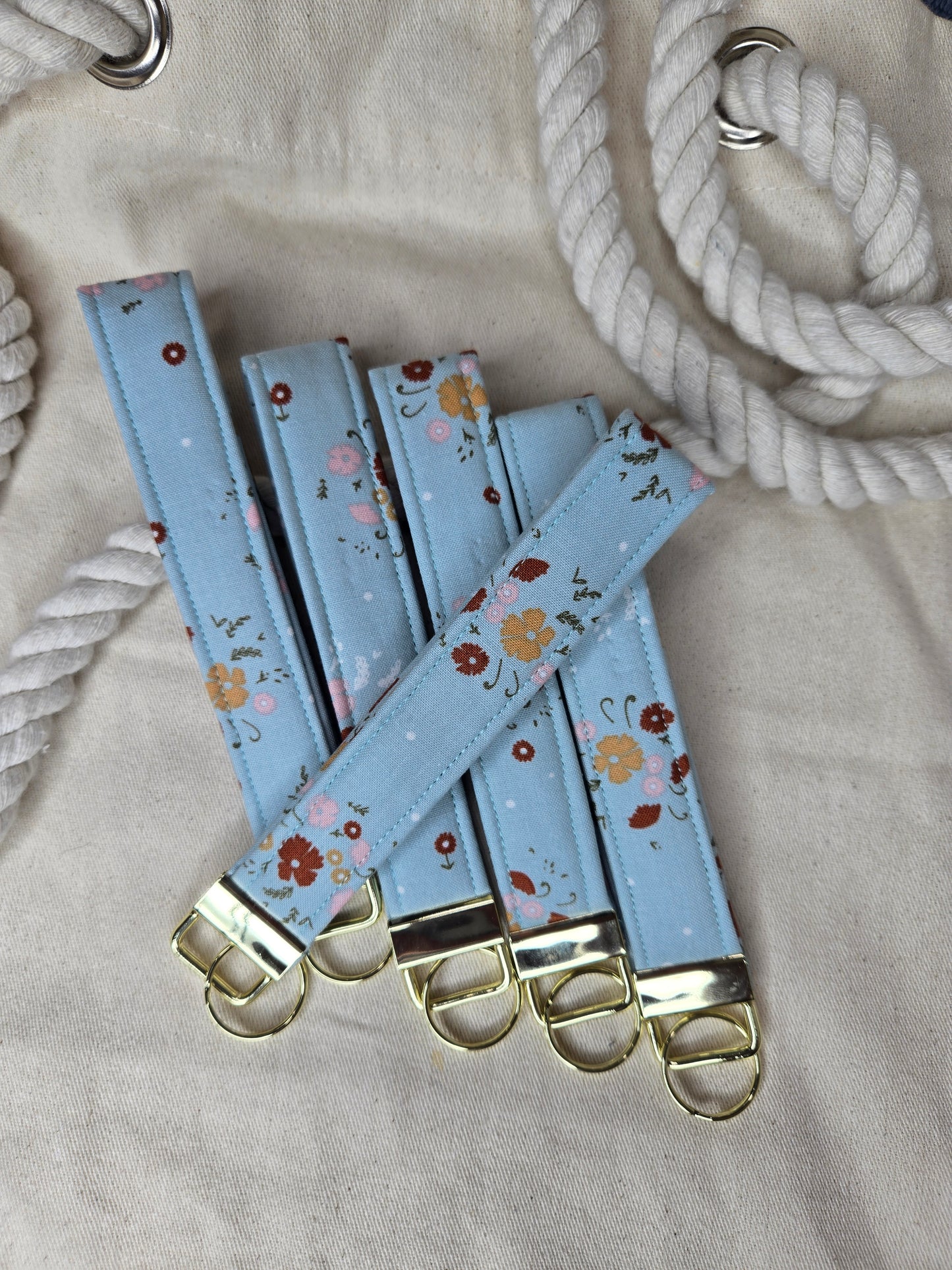 Blue Floral Fabric Keychain Wristlet/Lanyard