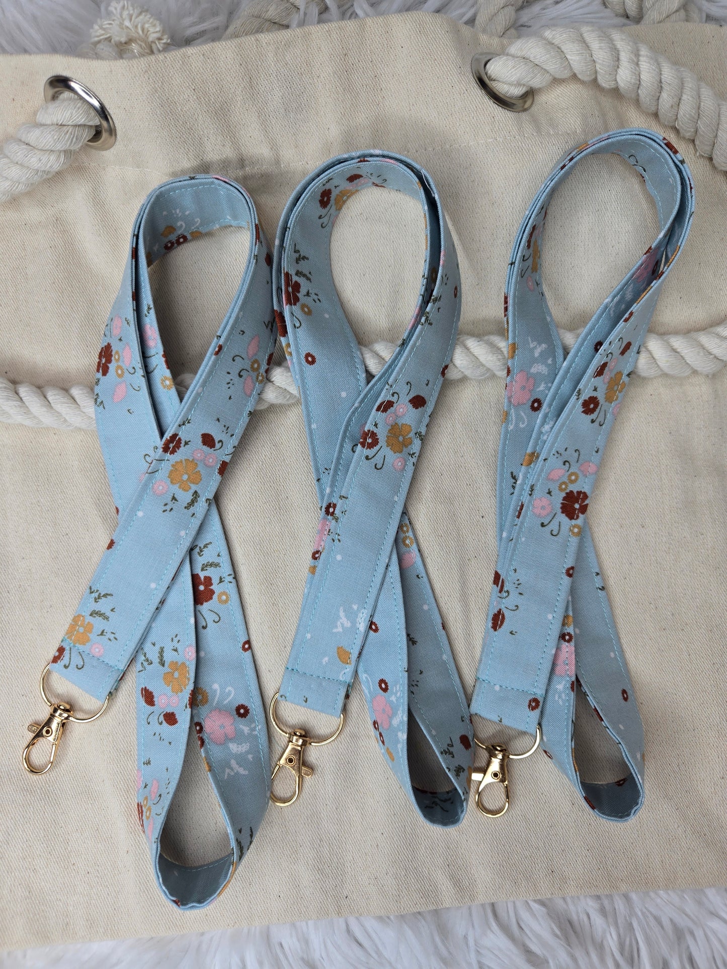 Blue Floral Fabric Keychain Wristlet/Lanyard